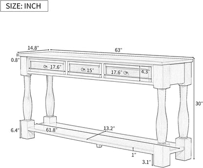 Knocbel 64 Inch Long Antique Entry Console Table with Drawers & Bottom Open Shelf, Solid Wood Sofa Couch Table for Entryway Hallway Living Room (Antique White)