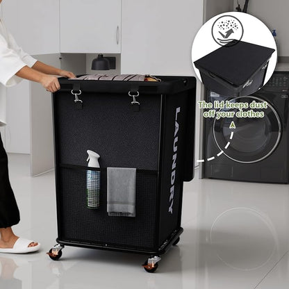 150L Laundry Basket with Lid and Wheels, Rolling Laundry Hamper with Cloth Cover, Laundry Cart with Metal Frame & Removable Bag, Large Dirty Clothes Hampers for Bedroom, Laundry Room Bathroom, Black
