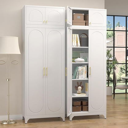 Metal Storage Cabinet and Wall Upper Storage Cabinet,90Inch White Kitchen Pantry Cabinets with 4 Adjustable Shelves,Tall Food Cupboards for Living Room, Dining Room Office
