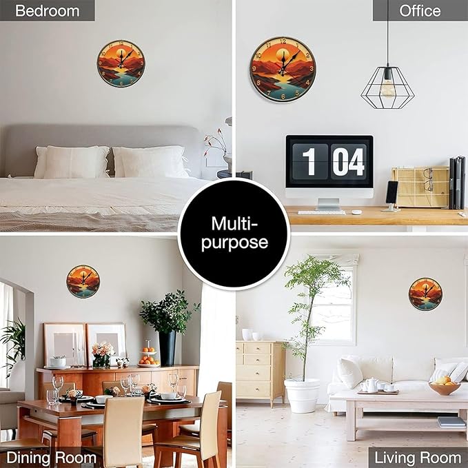 Wall Clock， Sunset Landscape Non Ticking Wall Clocks Battery Operated， Teal Wooden Wall Clocks for Kitchen， Living Room， Bedroom， Office， Bathroom Decorative 25 * 25cm