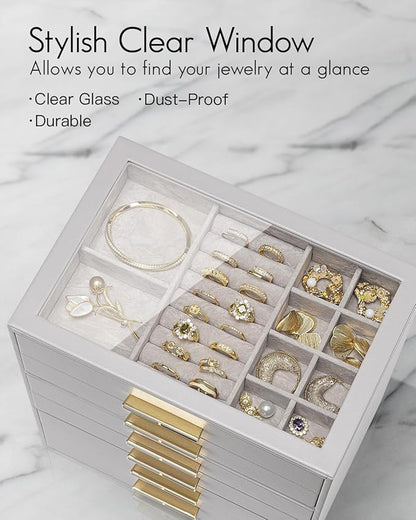 Vlando 6 Layer Jewelry Box for Women, Glass Lid Jewelry Organizer with 6 Drawers for Necklaces Rings Earrings Bracelets - Grey
