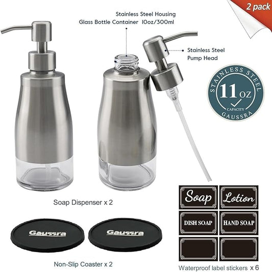 Gaussra 2 Pack Soap Dispenser with Coaster and Stickers, Stainless Steel Case Glass Liner Hand Pump Dispenser, Refillable Liquid Hand Soap Dispenser for Bathroom & Kitchen - Brushed Nickel