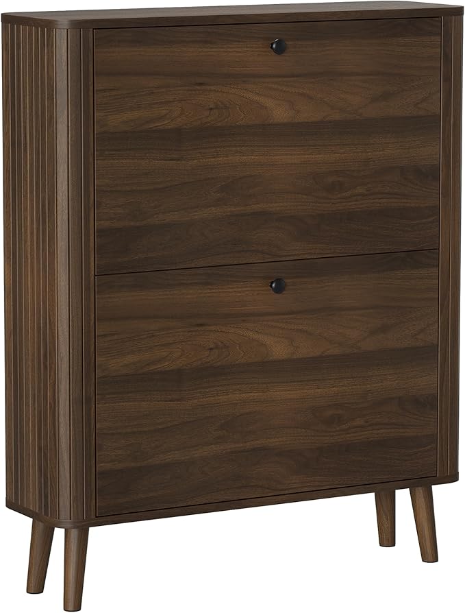 Smuxee Walnut Shoe Cabinet with 2 Flip Drawers, 31.5" Hidden Shoe Storage Cabinet with Curved Edge & Grille Stripe, Freestanding Shoe Organizer Cabinet for Entryway, Hallway, Living Room
