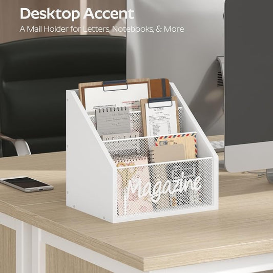 YATINEY Magazine Holder, Wood Magazine Rack Floor, Mail Organizer Countertop, Magazine Mail Holder Sorter, Record Holder for Magazines, Books, Newspapers, Tablets, White MR02WW