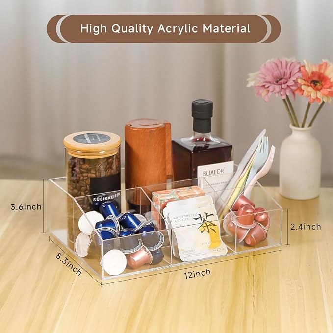 Acrylic Coffee Bar Station Organizer for Countertop Office Breakroom, Clear Tea Snack Storage Coffee Capsule Pod Holder for Kcup Condiment Sugar Creamer Syrup, Easter Gift for Coffee Lovers