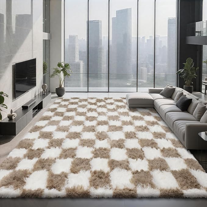 Large Shag Area Rug for Bedroom, 9x12 Ft Beige and White Area Rug Classic Checkered Shaggy Anti-Skid High Pile Soft Fluffy Rug Fuzzy Carpet for Living Room Dorm Home Decor