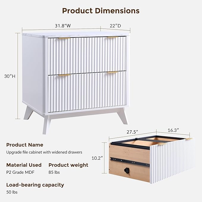 T4TREAM 2 Drawer File Cabinet, 32" Fluted Lateral File Cabinet w/Files Hanging Rod for Letter/Legal/A4, Large Tabletop for Printer, Office Wood Printer Cabinets, White (Gen 2)