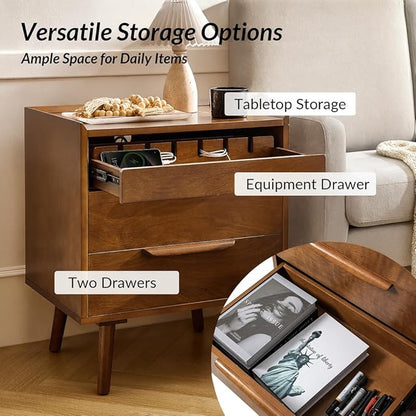 HULALA HOME 2 Drawer End Table with Pull-Out Shelf, Mid-Century Modern End Table with Wood Legs, Wood Side Table with Charging Station(Acorn, Set of 2)