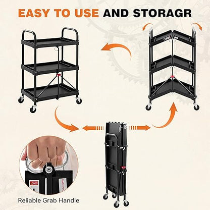 DUMOS 3-Tier Folding Utility Cart, Collapsible Service Cart with 4 Swivel Wheels & Brakes, 120LBS Capacity & Collapsible Storage Rolling Cart for Kitchen, Office, Garden, Garage, Black