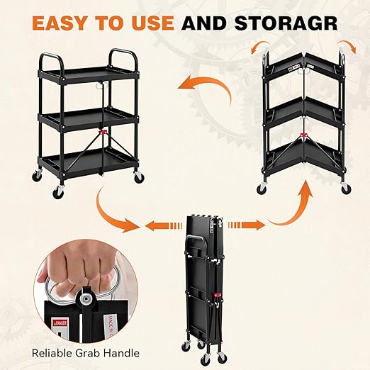 DUMOS 3-Tier Folding Utility Cart, Collapsible Service Cart with 4 Swivel Wheels and Brakes, 120LBS Capacity & Collapsible Storage Rolling Cart for Kitchen, Office, Garden, Garage, Pure Black