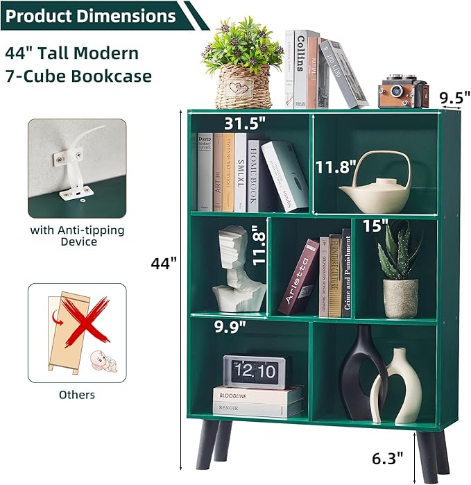 LEYAOYAO Cube Bookshelf 3 Tier Mid-Century Dark Green Modern Bookcase with Legs,Retro Wood Bookshelves Storage Organizer Shelf,Freestanding Open Book Shelves for Bedroom,Living Room,Office