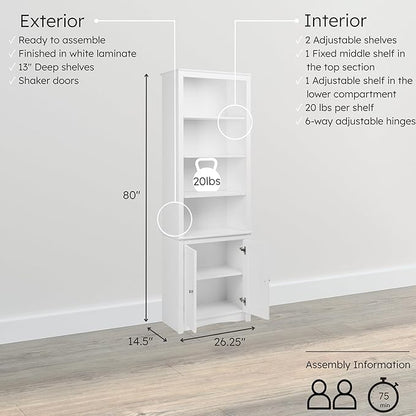 Prepac Sonoma Tall 6-Tier Bookcase 80"H with Doors & 2 Adjustable Shelves, White Storage Cabinet, Modern Display Cabinet, Bookshelf with Storage Shelves for Home Office, Living Room, Bedroom