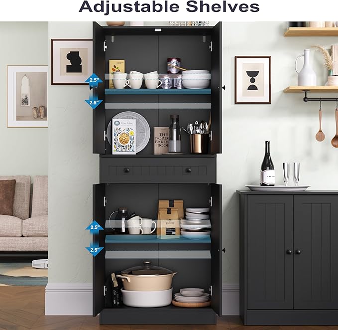 Kitchen Pantry Storage Cabinet, 71" H Farmhouse Pantry Cabinet with 4 Doors & Drawer, Freestanding Cupboard with Adjustable Shelves, Rustic Wood Cupboard for Kitchen, Dining Room, Black