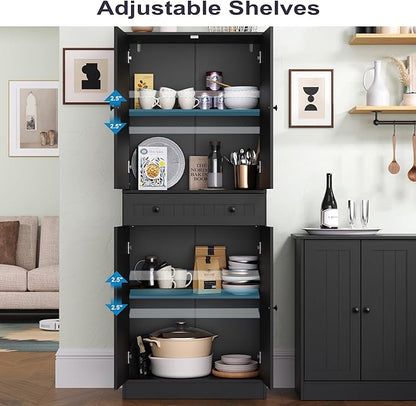 Kitchen Pantry Storage Cabinet, 71" H Farmhouse Pantry Cabinet with 4 Doors & Drawer, Freestanding Cupboard with Adjustable Shelves, Rustic Wood Cupboard for Kitchen, Dining Room, Black