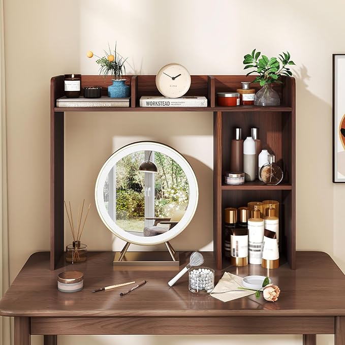 Desk Hutch, Desktop Shelf with 5 Shelves, Desk Bookshelf w/Anti-Toppling Devices, Wood Table Top Bookshelf Organizer, Small Desk Shelf for Study, Office, Dorm (Walnut, 5 Shelves)