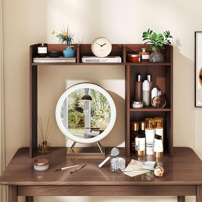 Desk Hutch, Desktop Shelf with 5 Shelves, Desk Bookshelf w/Anti-Toppling Devices, Wood Table Top Bookshelf Organizer, Small Desk Shelf for Study, Office, Dorm (Walnut, 5 Shelves)
