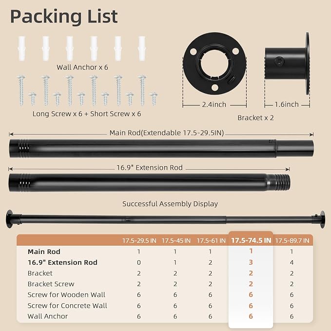 STORAGE MANIAC Closet Rods for Hanging Clothes 17.5 to 74.5 Inches Heavy Duty Stepless Adjustable Closet Hanging Rod 1.2 Inch Diameter Metal Closet Rod for Wardrobe Bathroom Bedroom Laundry RV, Black