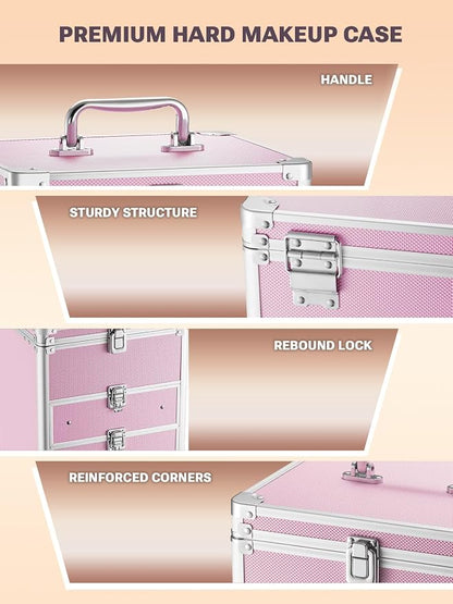 Qislee Makeup Box with Double Drawers and A Detachable Lighted Mirror, Waterproof Travel Train Case, Cosmetic Organizer and Makeup Suitcase with Adjustable Dividers, Magnetic LED Mirror (ICY Pink)