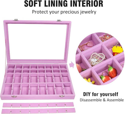 Vicoter Velvet Jewelry Tray 48 Compartments Jewelry Display Organizer with Transparent Cover Rings, Earrings, Necklaces, Pendants Storage Box for Girls, Wives, Mothers, Women