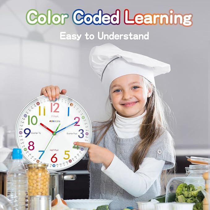 Telling Time Teaching Clock - Learning Clock for Kids - Kids Wall Clocks for Bedrooms - Kids Wall Clock- Silent Analog Kids Clock for Teaching Time ,for School Classrooms Playrooms and Kids Bedrooms
