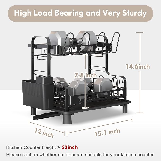 BOOSINY Dish Drying Rack, 2 Tier Large Stainless Steel Black Dish Rack with Drainboard Set for Kitchen Counter, Space Saving Plates Drainer Rack with Cups Holder & Utensil Holder, Dish Strainer Holder