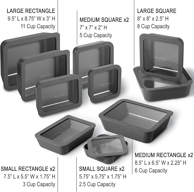BRIVARA HOME Ceramic Coated Glass Food Storage Containers | No PTFE, PFOA, PFAS, and BPA | Reusable Non Toxic Meal Prep Containers with Glass Lids | Easy To Store | 10 Piece Set [Onyx]