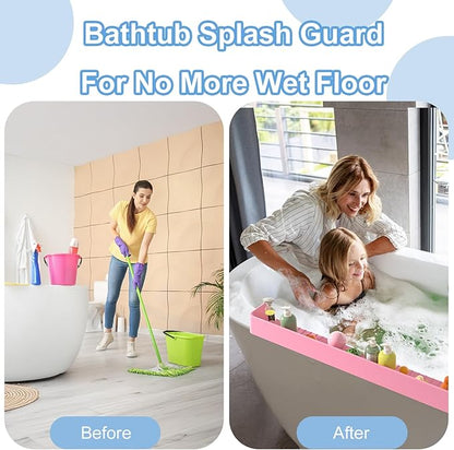 Splash Guard for Bathtub Kids, Silicone Bath Splash Guard Play Shelf, Tub Water Guards Longer Bath Toy Tray Holder, Bath Tub Splash Guard Prevent Water Spills in Bathroom (2.6FT, Pink)