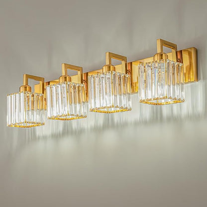Modern Crystal Bathroom Vanity Light 4-Lights Gold Brushed Brass Finish Modern Crystal Wall Lamp Bathroom Vanity Lighting