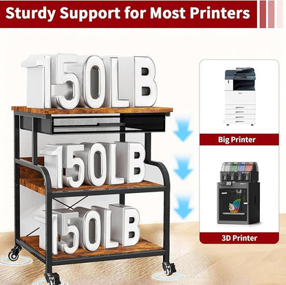 TFK 3-Tier Printer Stand with Drawer, Adjustable Shelf, Rolling Casters, 23.6 x 18.9 x 30 Inch Heavy Duty Printer Cart for Home Office, Large Printers, 3D Printers, Fax & Heat Press, Brown