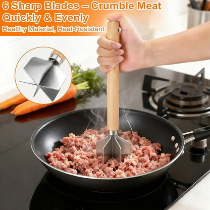 Palksky Ground Beef Masher, Stainless Steel Hamburger Smasher Tool with Wooden Handle, 6-Blade Heavy-Duty Kitchen Tool for Beef, Turkey, Potatoes & More