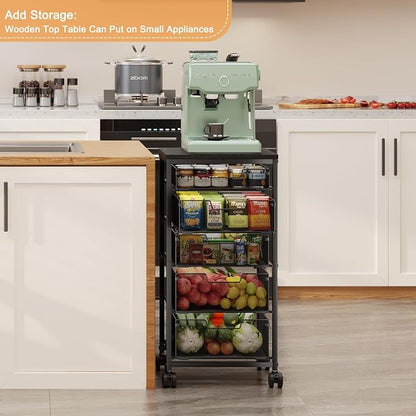 Kitchen Storage Cart with Drawer, 5-Tier Fruit Vegetable Storage Cart, Kitchen Organizer and Storage Cart with Wheels, Wooden Top Metal Wire Pantry Storage Cart rack for Fruit Snack Onion Potato