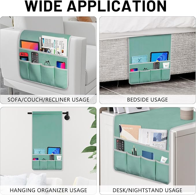 Remote Control Holder for Armchair Caddy, Couch TV Remote Holder for Bed Storage 5 Pockets，Remote Caddy Bedside Organizer Bedside Table Organizer (MintGreen, 35''x18'')