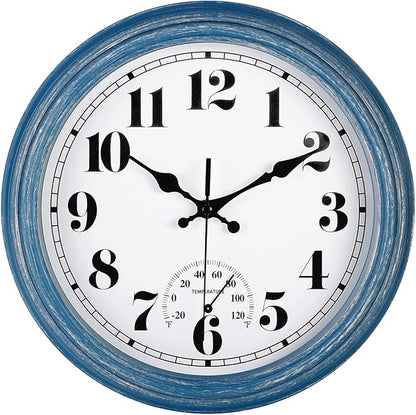 JENLYSTIME 12 Inch Indoor/Outdoor Retro Waterproof Wall Clock with Thermometer Silent Round Quartz Battery Operated Easy to Read Decorative for Kitchen Patio,Bathroom,Deck,Porch,Pool(Blue)