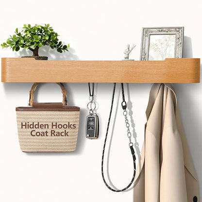 Coat Rack Wall Mount with Hidden Hooks Modern Key Holder Wood Entryway Hook with Shelf for Bedroom Kitchen Hallway Bathroom Designed for Hanging Coats Hats Bags Towels Dog Leashe(Oak,8 Hooks)
