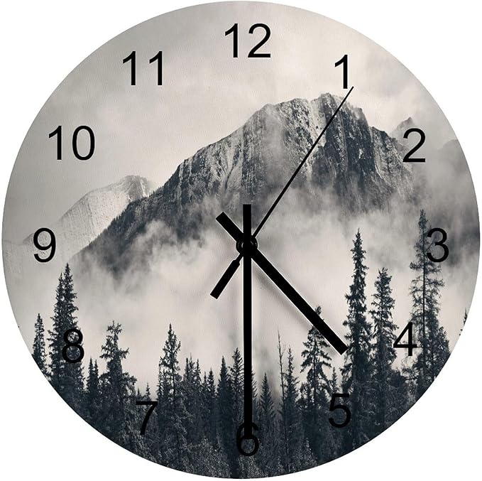 Scenic Nature Wall Clock Silent Non Ticking Battery Operated, Mountain Misty Forest Tree Scenery Foggy Woodland Landscape Clock Decorative for Bathroom Kitchen Bedroom Living Room(12 Inch)