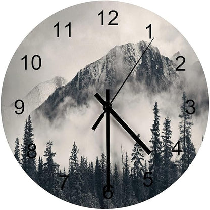 Scenic Nature Wall Clock Silent Non Ticking Battery Operated, Mountain Misty Forest Tree Scenery Foggy Woodland Landscape Clock Decorative for Bathroom Kitchen Bedroom Living Room(12 Inch)