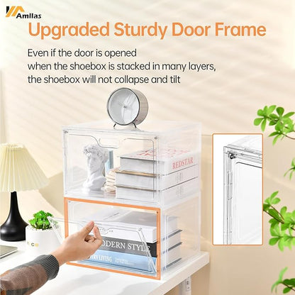8 Pack Shoe Boxes Clear Plastic Stackable, Large Shoe Storage Organizer with Lids,Drop Side Shoe Containers for Entryway,Sneaker Storage Fit up to US Size 13 (13’’x 10.6”x 8.3”)