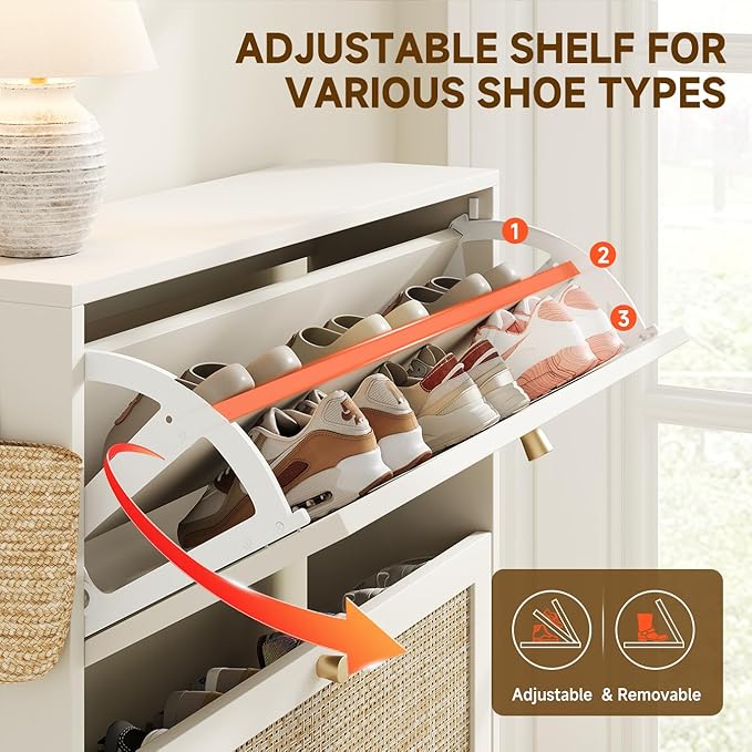 Nicetree Shoe Cabinet Storage for Entryway Slim 9.5" Freestanding Floor Base Shoe Storage Cabinet, 3 Flip Drawers with 3-Position Adjustable Divider, Holds 16-36Pairs, Bright White
