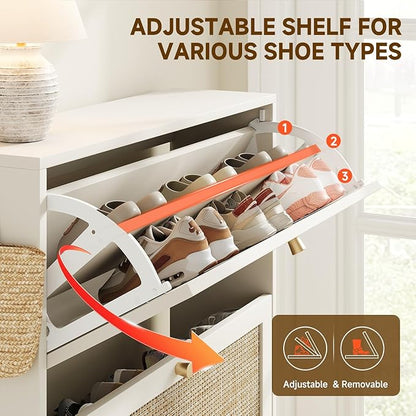 Nicetree Shoe Cabinet Storage for Entryway Slim 9.5" Freestanding Floor Base Shoe Storage Cabinet, 3 Flip Drawers with 3-Position Adjustable Divider, Holds 16-36Pairs, Bright White