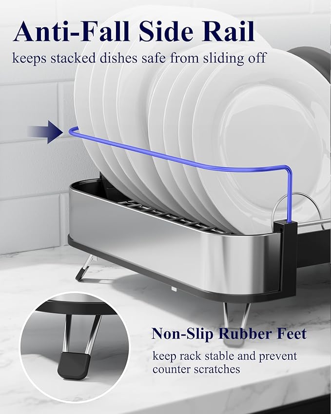 Kitsure Dish Drying Rack - Expandable Stainless Steel Dish Racks for Kitchen Counter, Auto-Drain Drying Rack for Kitchen with Cutlery Holder & Non-Slip Feet, 16.1-26.6" L x 12.6" W, Black