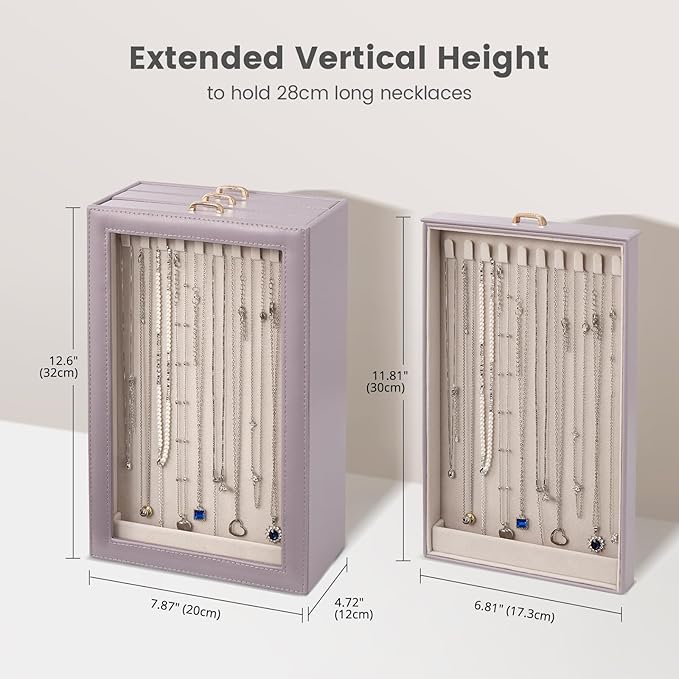 Lolalet Necklace Organizer Box, Jewelry Storage Box with Clear Window for Necklaces Bracelets, Tangle-Free Necklace Display Case for Women Girls, Dusty Purple, 3 Layers 30 Hooks