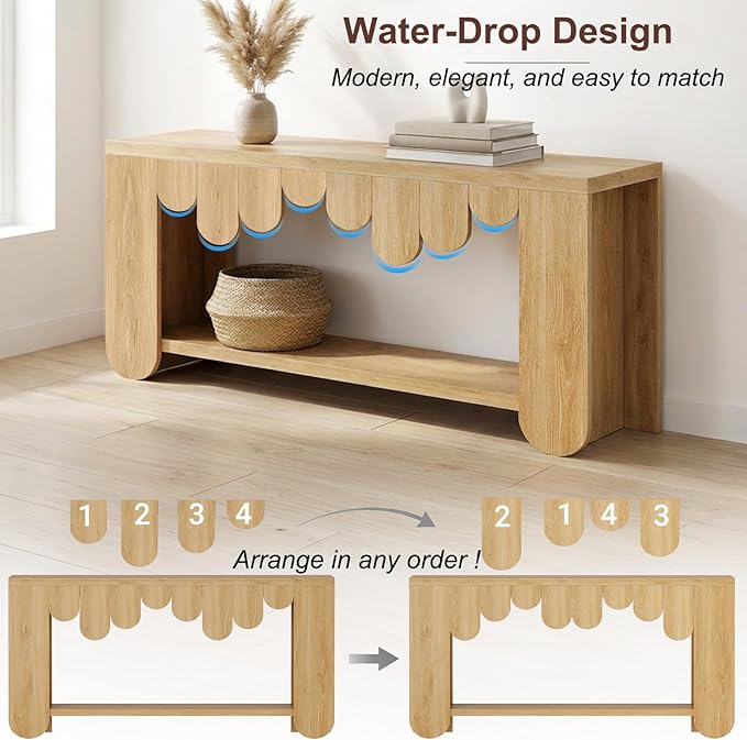 IBF 63” Long Console Table, Farmhouse Wood Entryway Table with Storage Shelf, 2-Tier Sofa Table Behind Couch for Home Living Room, Modern Rectangular Entry Table for Hallway Entrance Foyer, Oak