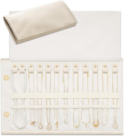 Lolalet Travel Necklace Organizer, Tangle-Free Necklace Case for Travel, Foldable Roll Up Jewelry Storage Bag for Necklaces Chains Bracelets, Beige, 12 Slots Holder