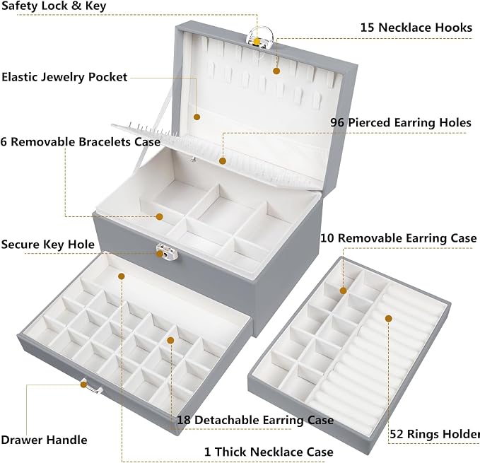 QBestry Earring Jewelry Box for Women Girls Stud Organizers, 5 Layers Grey Jewelry Organizer Box with Lock Necklaces and Earrings Holder Jewelry Box with Earring Organizer for Women Girls Xmas Gifts