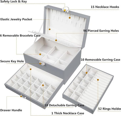 QBestry Earring Jewelry Box for Women Girls Stud Organizers, 5 Layers Grey Jewelry Organizer Box with Lock Necklaces and Earrings Holder Jewelry Box with Earring Organizer for Women Girls Xmas Gifts
