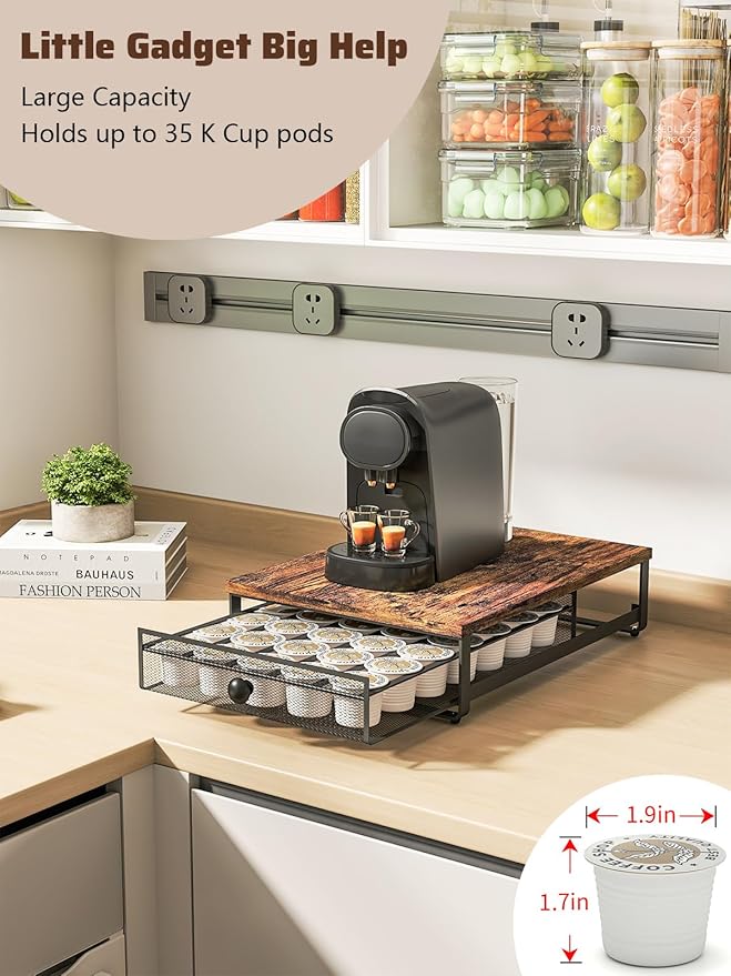 Sedegn Coffee Pod Holder Counter Coffee Vertuo Capsules Storage Organizer with Sliding Drawer Compatible For 35 K-Cup Pods No Assembly Needed Rustic Brown