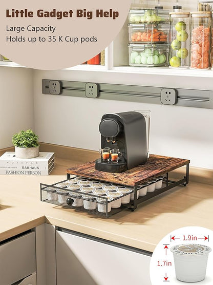 Sedegn Coffee Pod Holder Counter Coffee Vertuo Capsules Storage Organizer with Sliding Drawer Compatible For 35 K-Cup Pods No Assembly Needed Rustic Brown