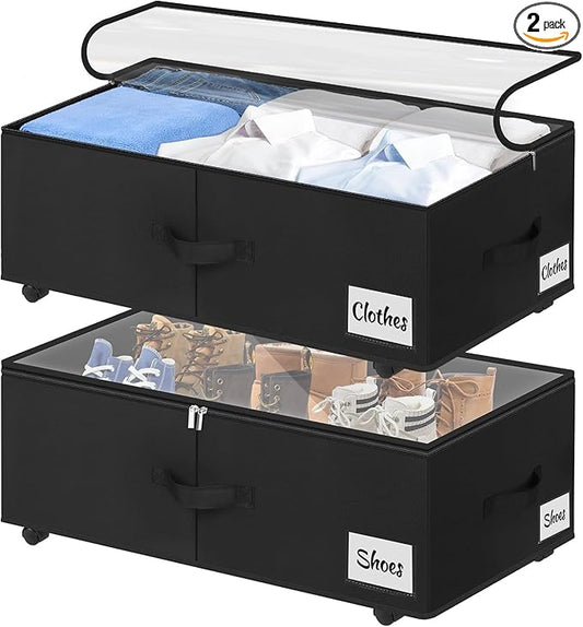 Under Bed Storage with Wheels, 2-Pack 10" Height XXL 75L Rolling Storage Bins, Quick Assembly Underbed Shoe Storage Containers with Clear Lid & Label, Dorm Under Bed Drawers for Clothes, Shoes, Black