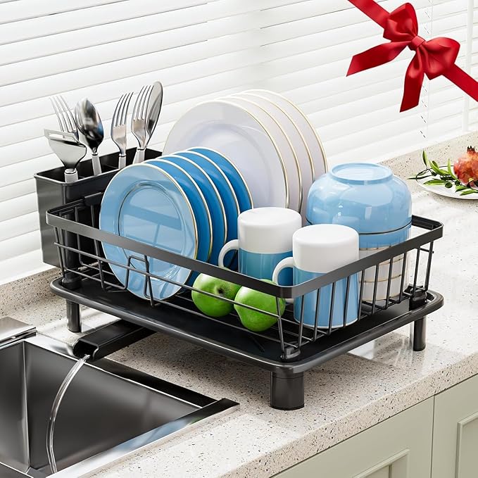 GAOKASE Dish Drying Rack, Stainless Steel-Dish Rack, Dish Racks for Kitchen Counter, Kitchen Dish Drainers with Removable Utensil Holder,New Drain Outlet,Plate Rack and Drainboard,Black