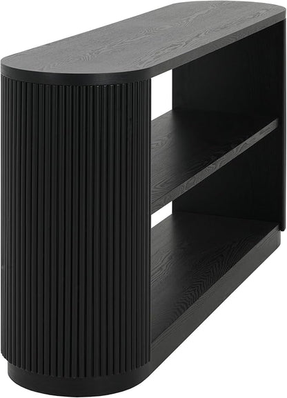 Merax Modern Entryway Console Table with Triple-Tier Storage, Slim Sofa Table with Open Shelf & Elegant Wood Grain, Multi-Functional Hallway Table for Living Room, Black